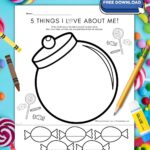 Pinterest graphic showing the 5 Things I Love About Me worksheet on a colorful background.