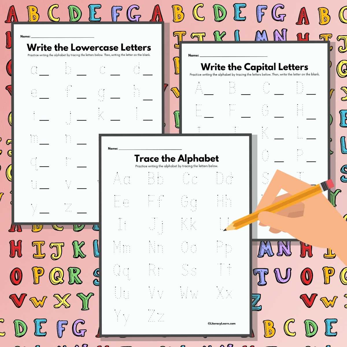 Graphic with three alphabet tracing worksheets on a colorful alphabet background.