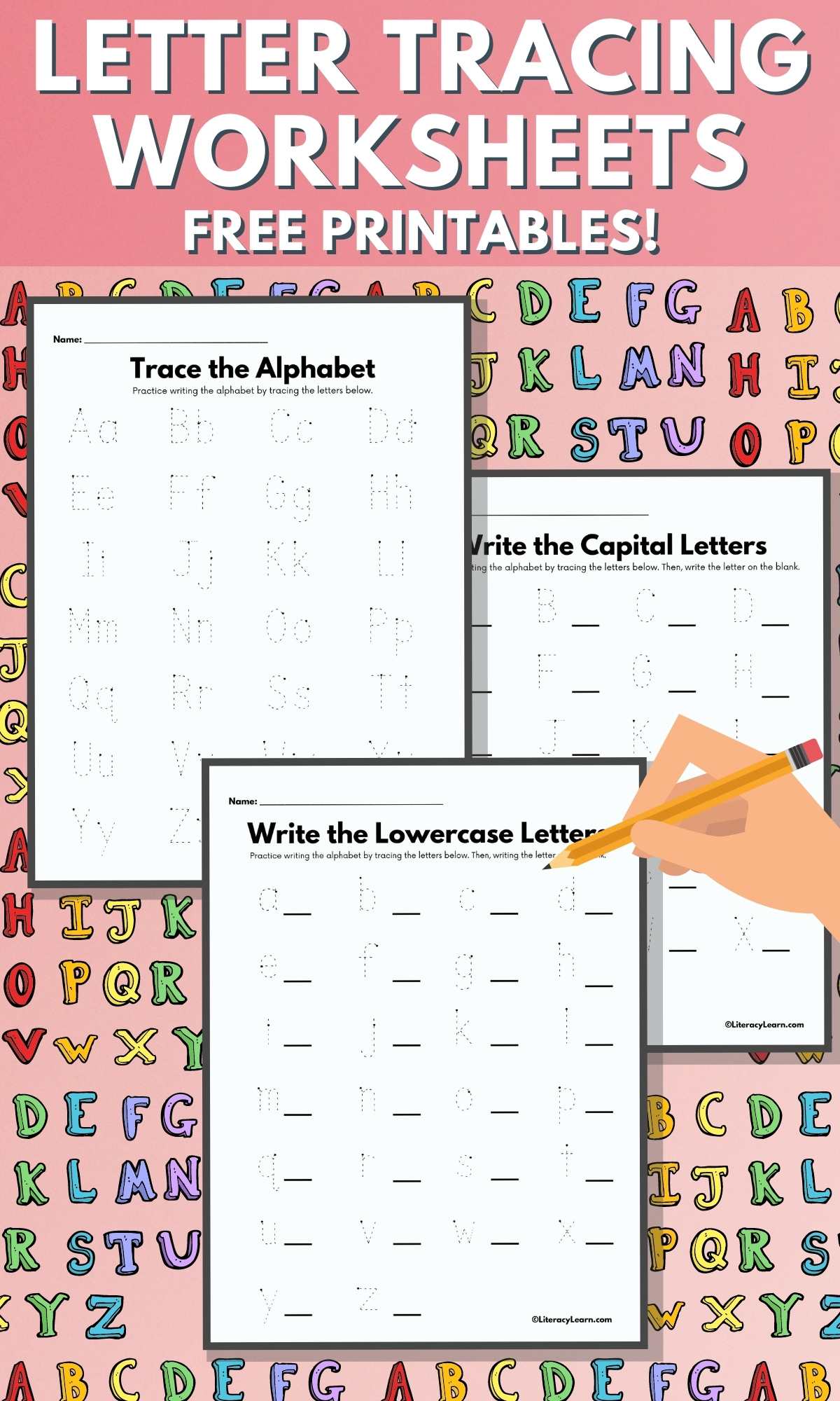Pinterest graphic with three alphabet tracing worksheets on a colorful background. 