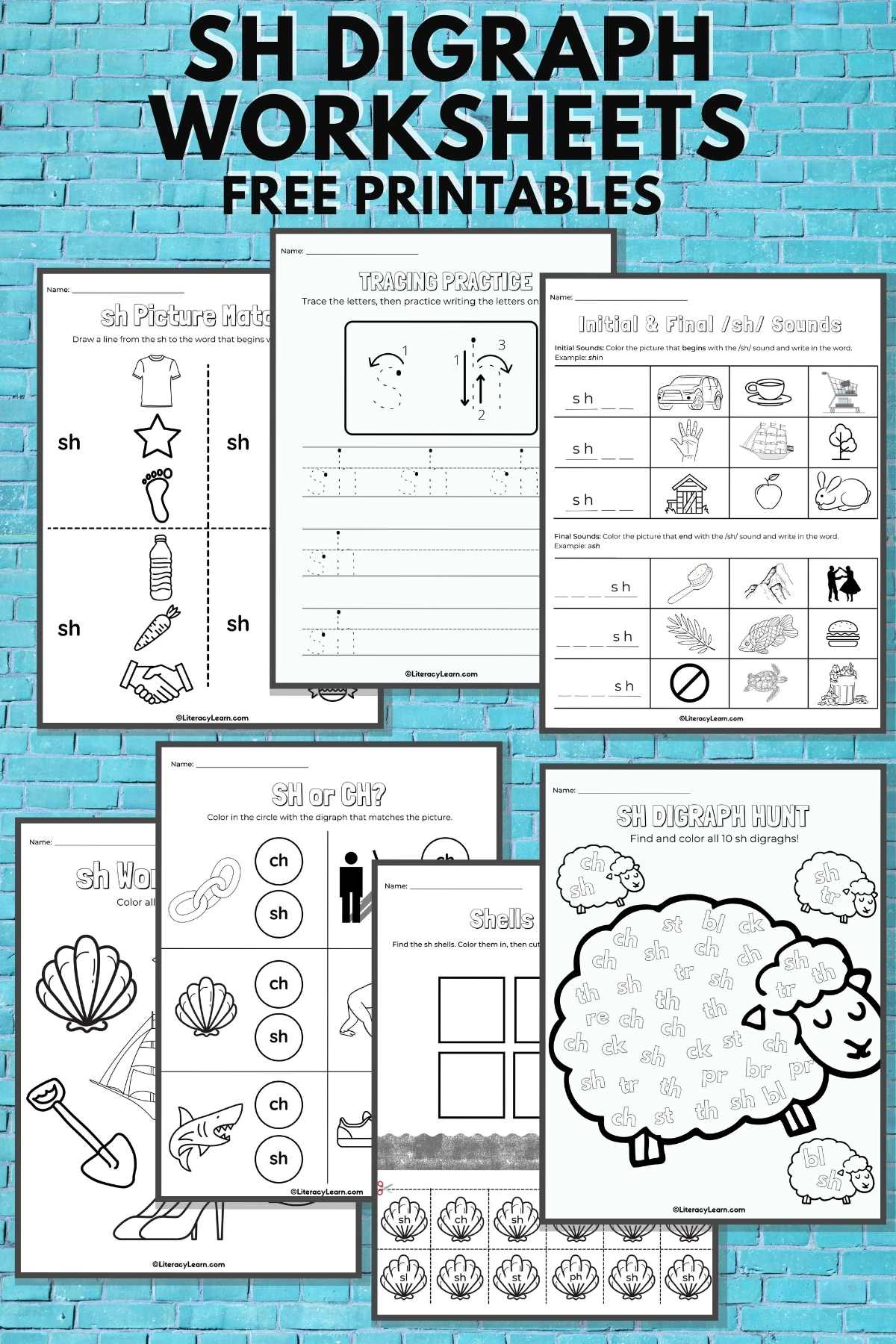 Pinterest graphic with all 7 SH digraph worksheets. 