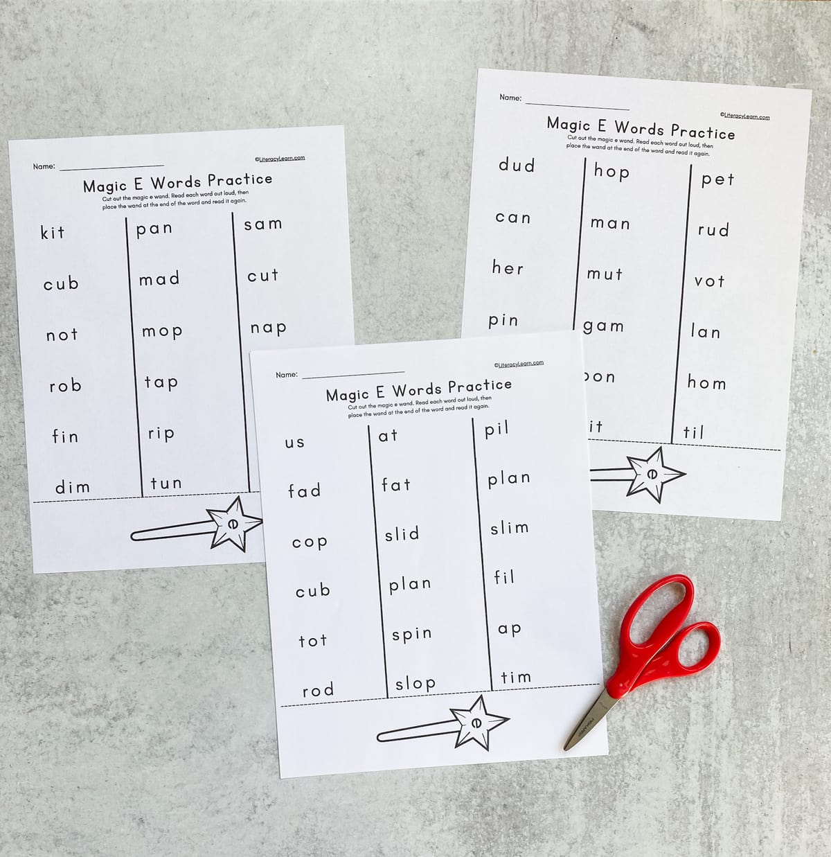 Three printed Magic wand worksheets with a scissor. 