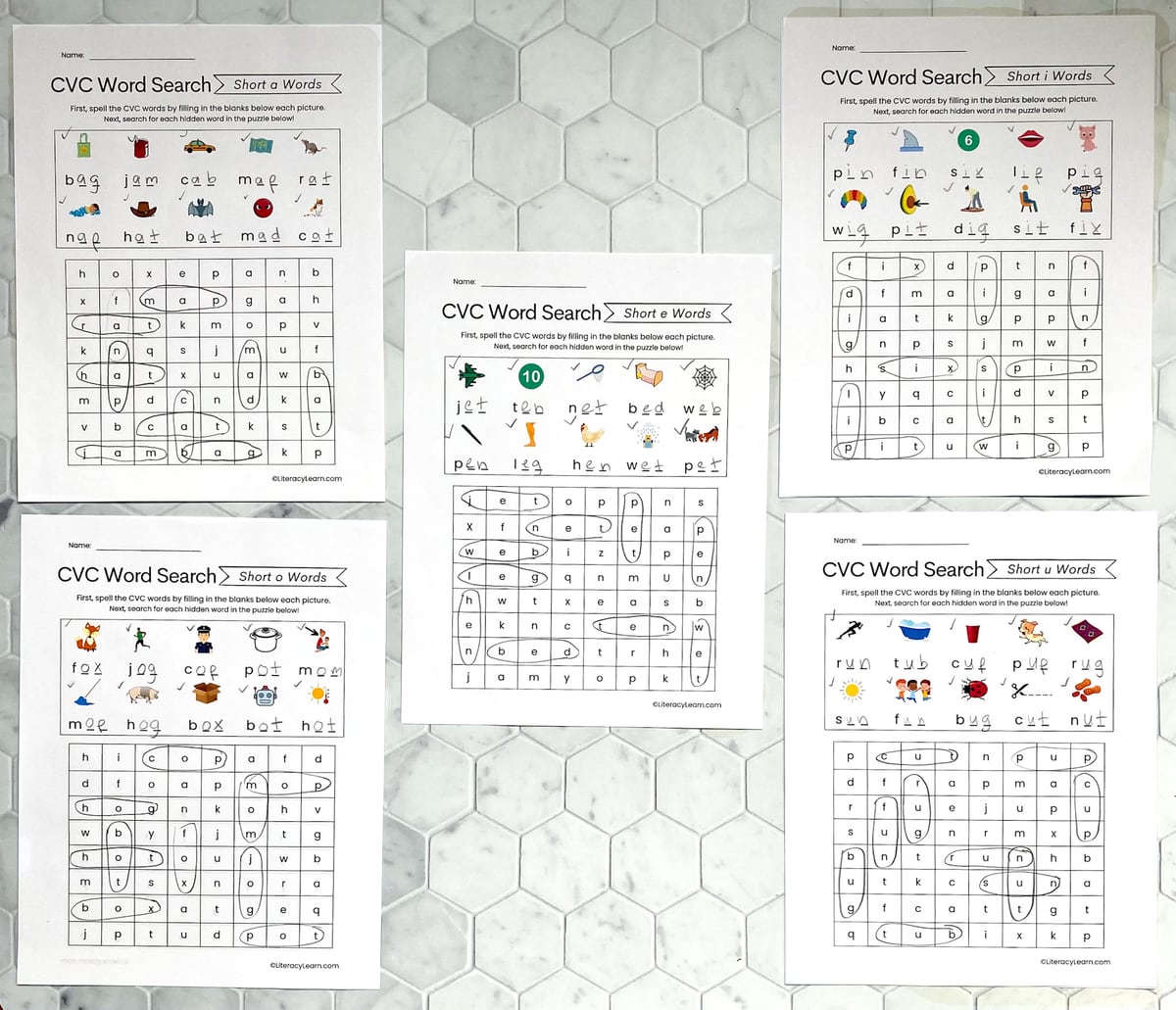 The five printed and completed CVC word searches. 