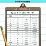 Colorful graphic with a clipboard and a list of open syllable words.