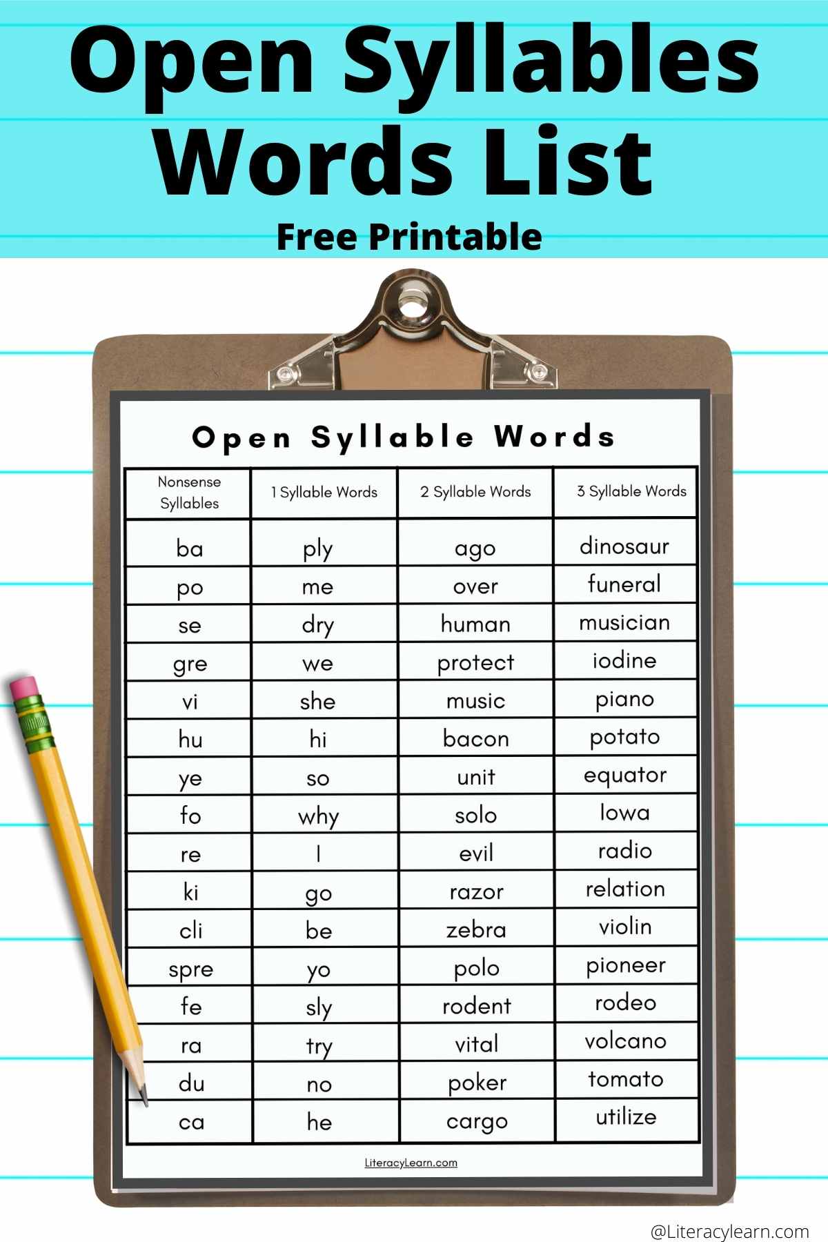 Pinterest graphic with the open syllables word list on a clipboard. 