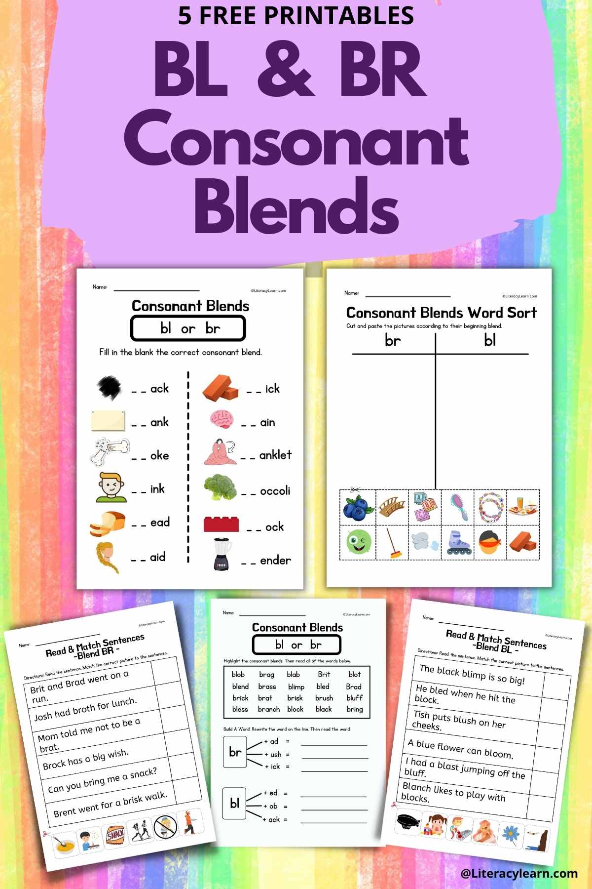 Pinterest graphic with five printable BL and BR worksheets on a colorful background. 