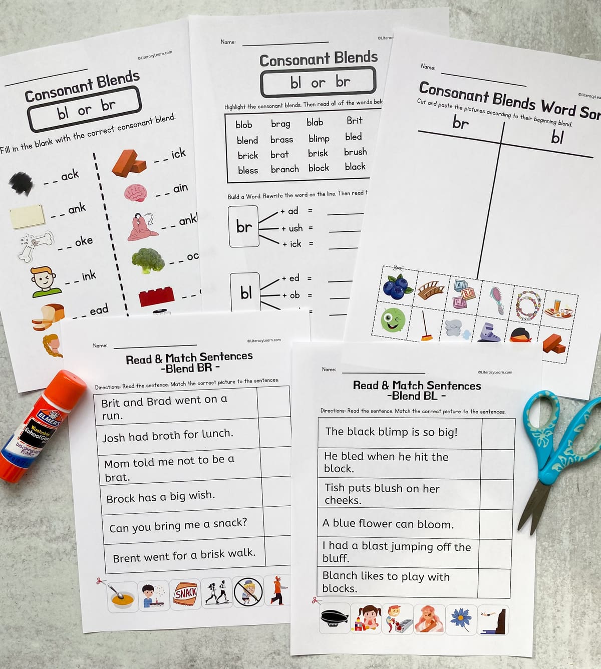 Five printed Bl and Br blend worksheets with scissors and a glue stick.