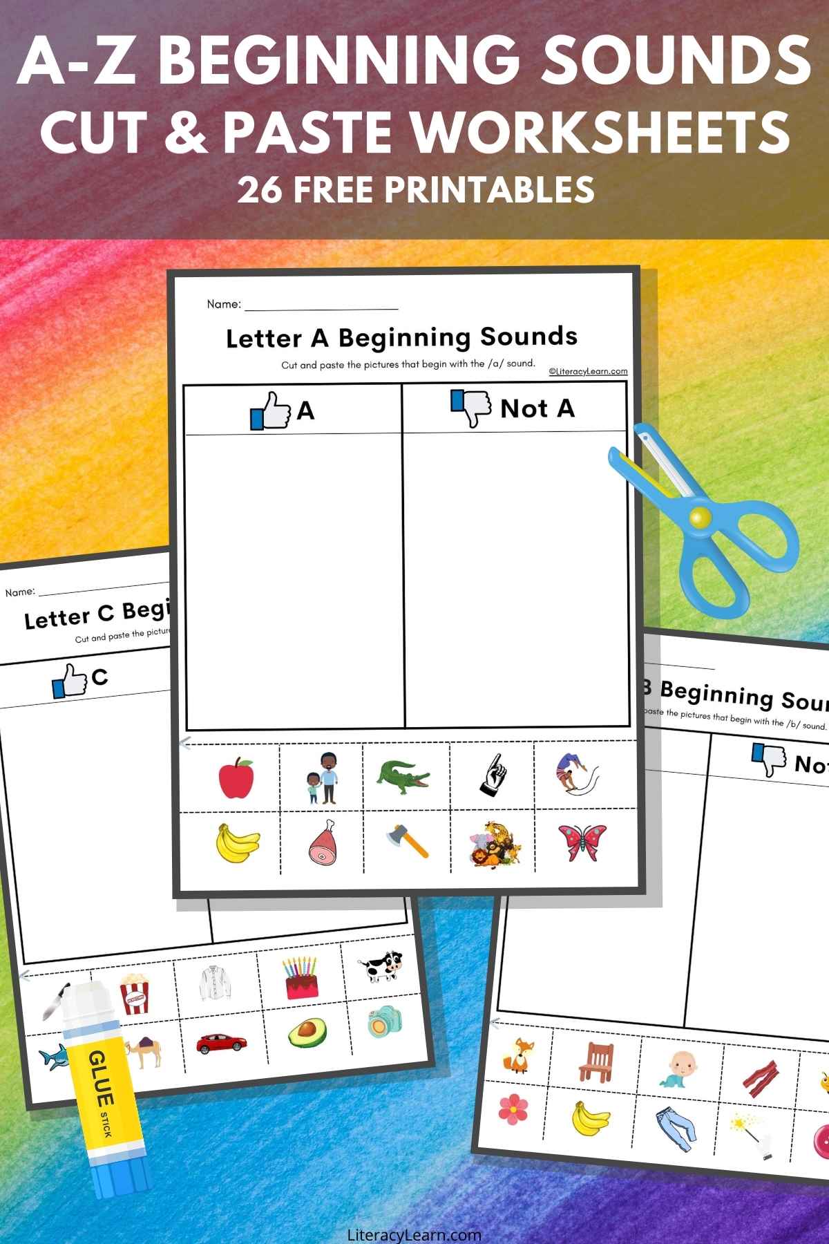 Pinterest graphic with beginning Sounds worksheets on a rainbow background. 