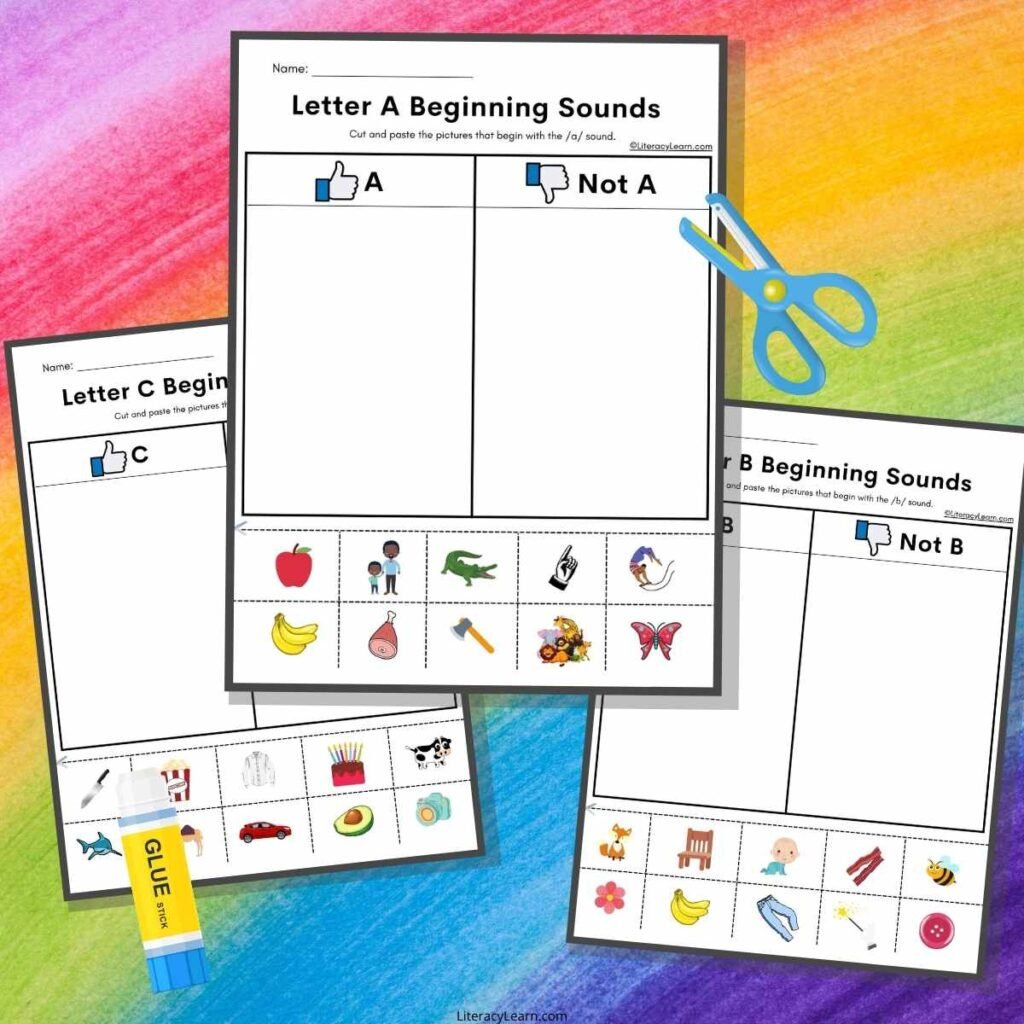 Graphic with beginning Sounds worksheets on a rainbow background.