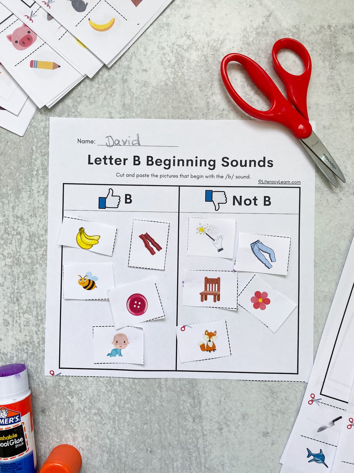 The completed letter B cut and paste worksheet with pictures glued in correct columns. 