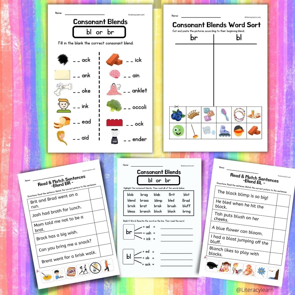 A bright rainbow colored background with five worksheets for consonant blends BR and BL.