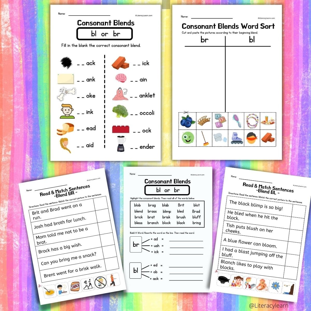 Consonant Blends (br cr dr fr gr pr tr) - Word List and Sentences 