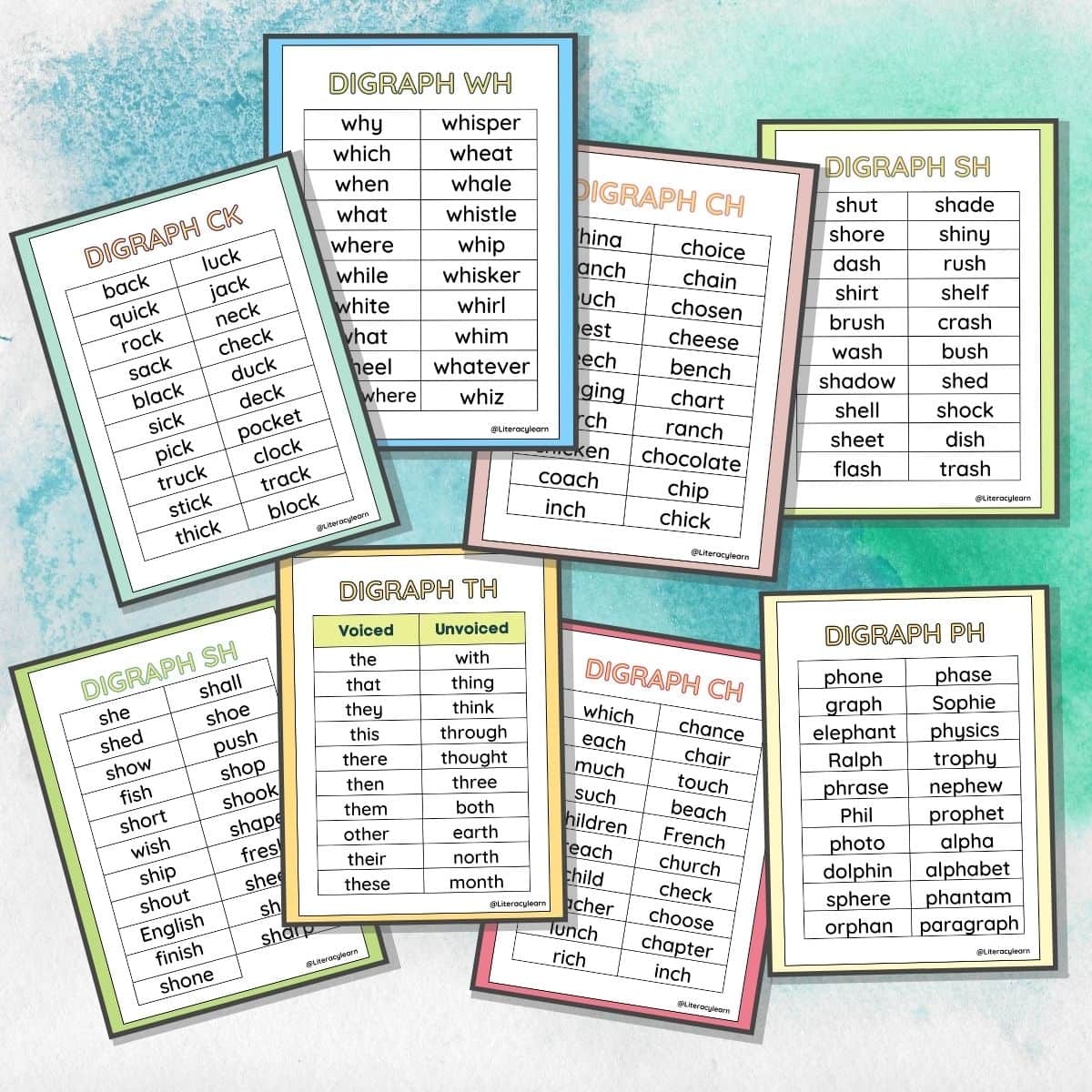 A bright image displaying all 8 consonant digraph worksheets.