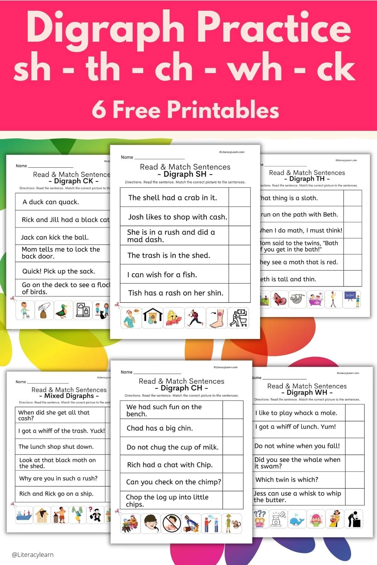 Large font advertising "Digraph Practice: Free Printable" with the six samples of worksheets.