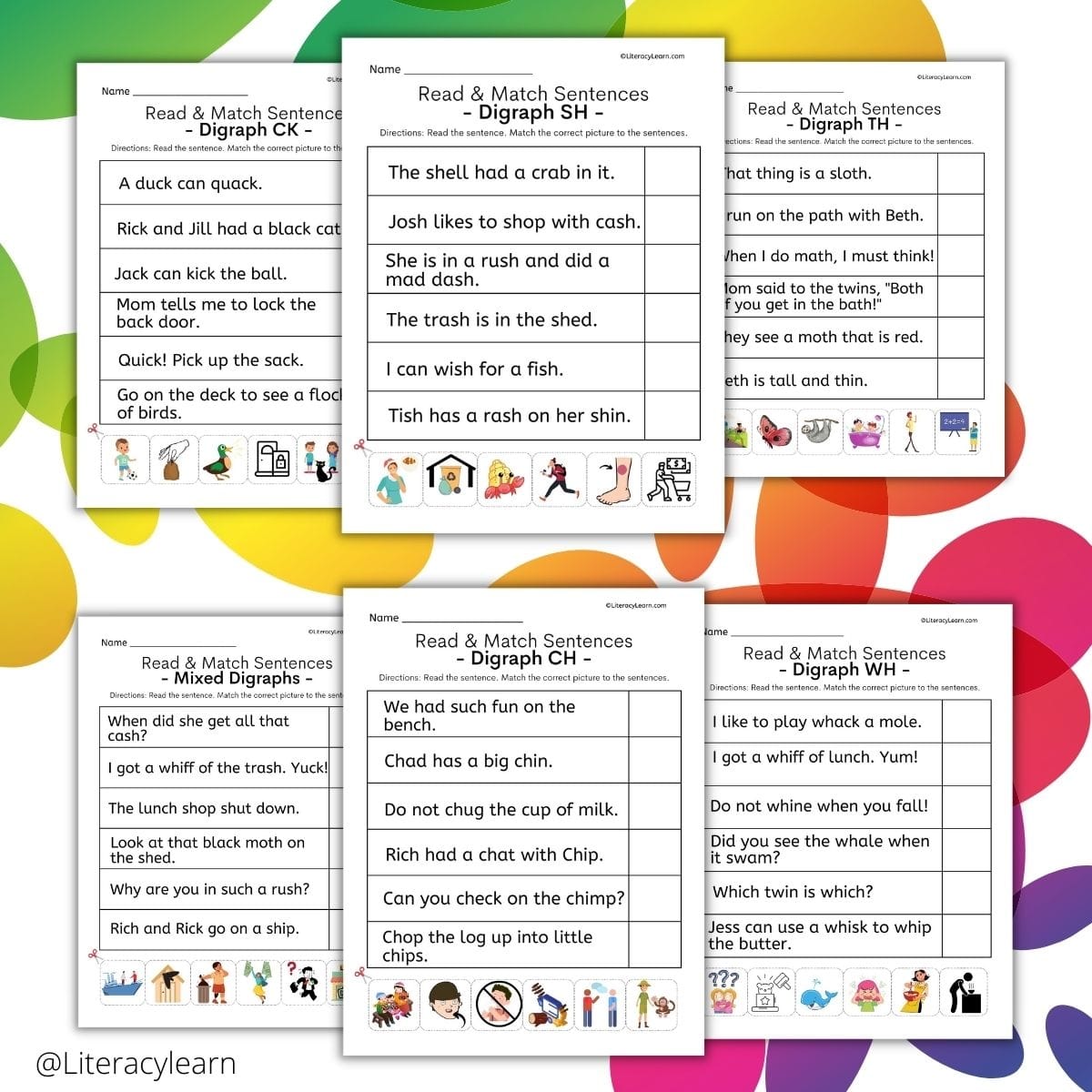 Pictures of all six digraph worksheets on a brightly colored background with many colors.