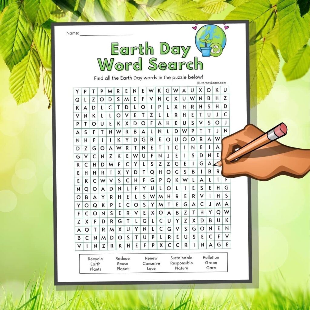 Graphic with the earth day word search on a green leaf background.