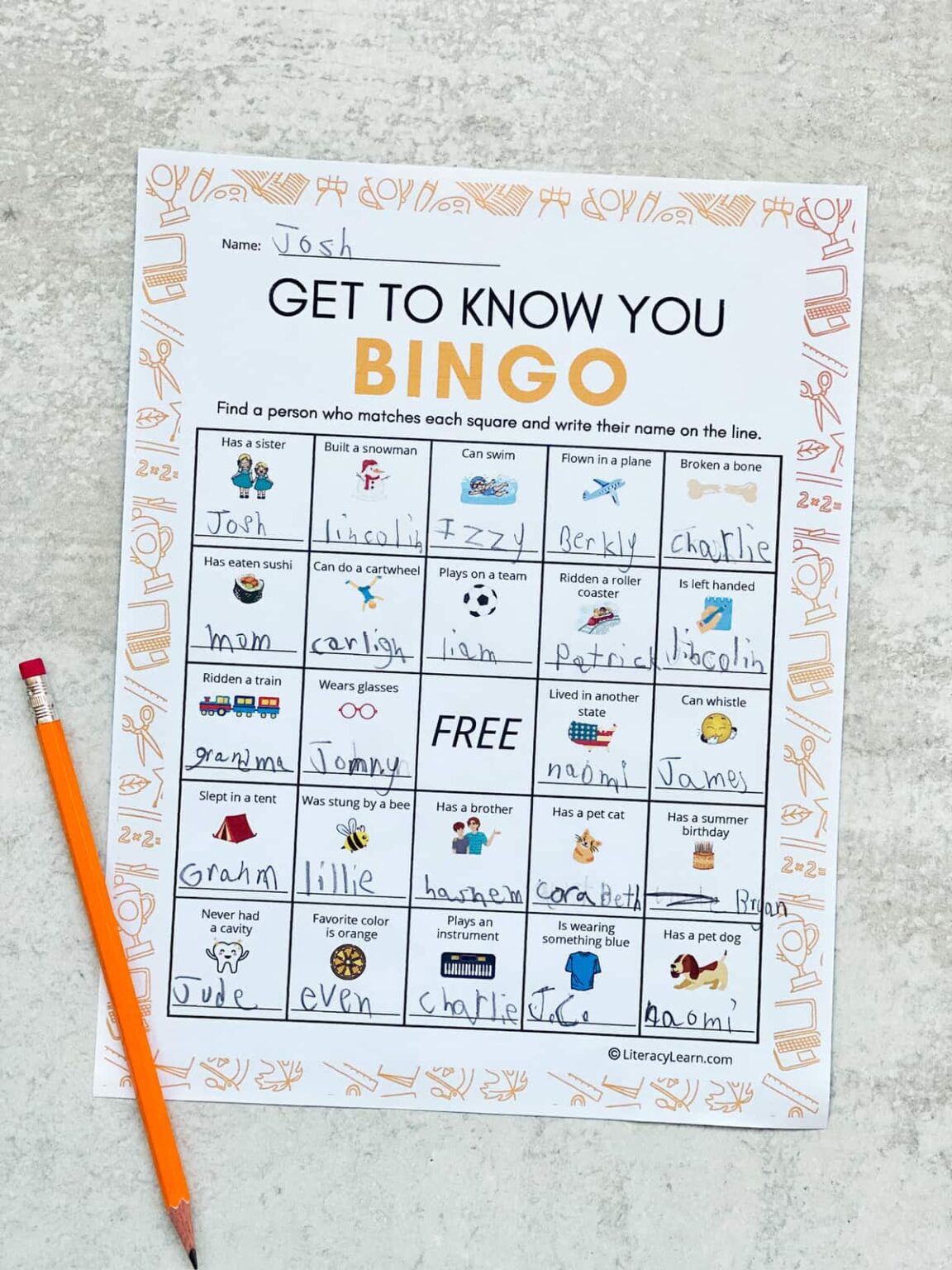 Get to Know You Bingo for Kids - Free Printable - Literacy Learn