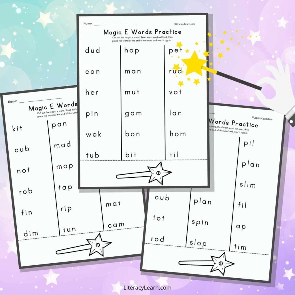 Graphic with three Magic E Words practice worksheets with a star magic wand.