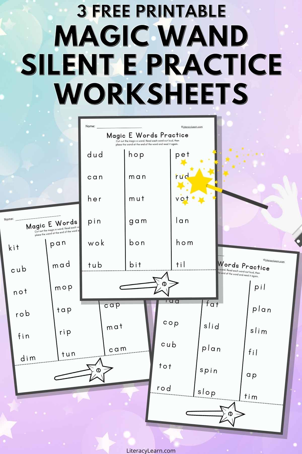 Pinterest graphic with the three magic e practice worksheets on a purple and blue background. 
