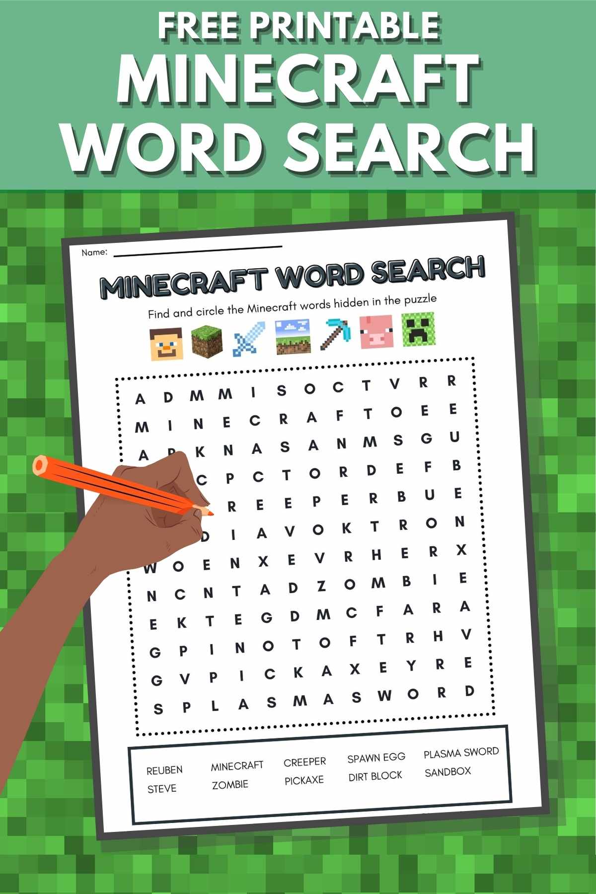 Pinterest gaphic with a hand holding a pencil over the Minecraft word search.