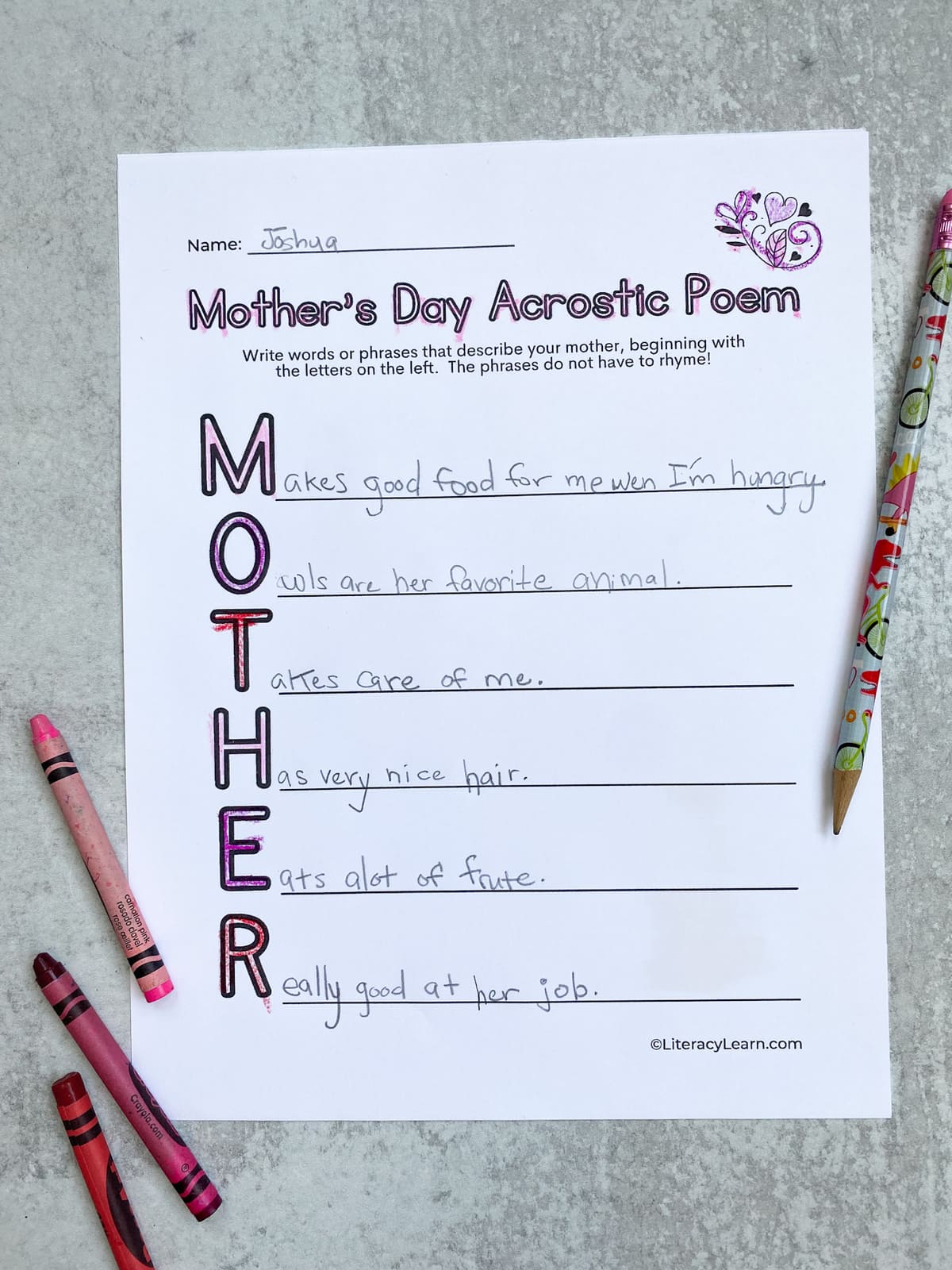 A child's printed and finished Mother's Day acrostic poem. 