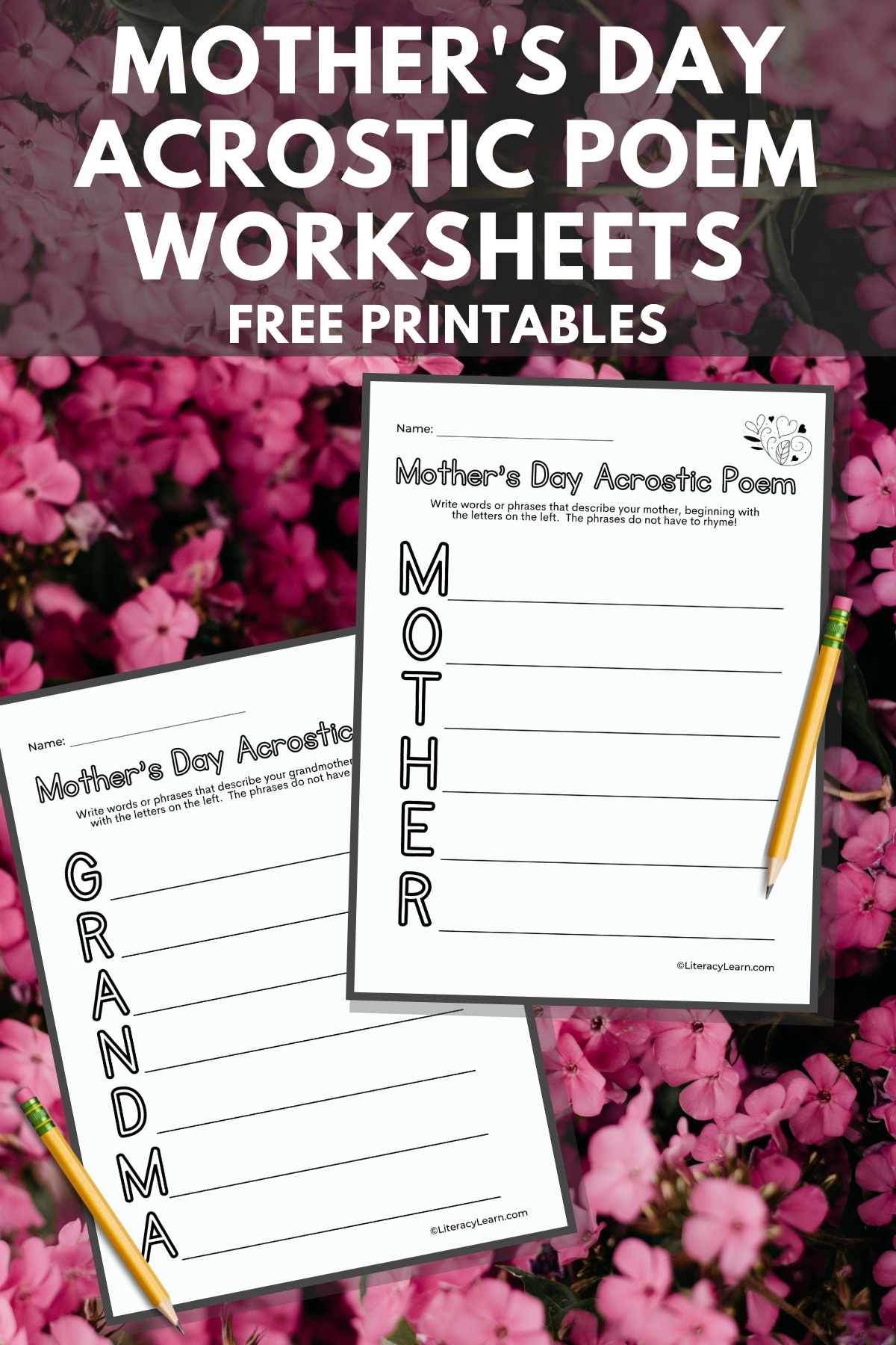 Pinterest graphic with mother's day printable acrostic worksheets. 