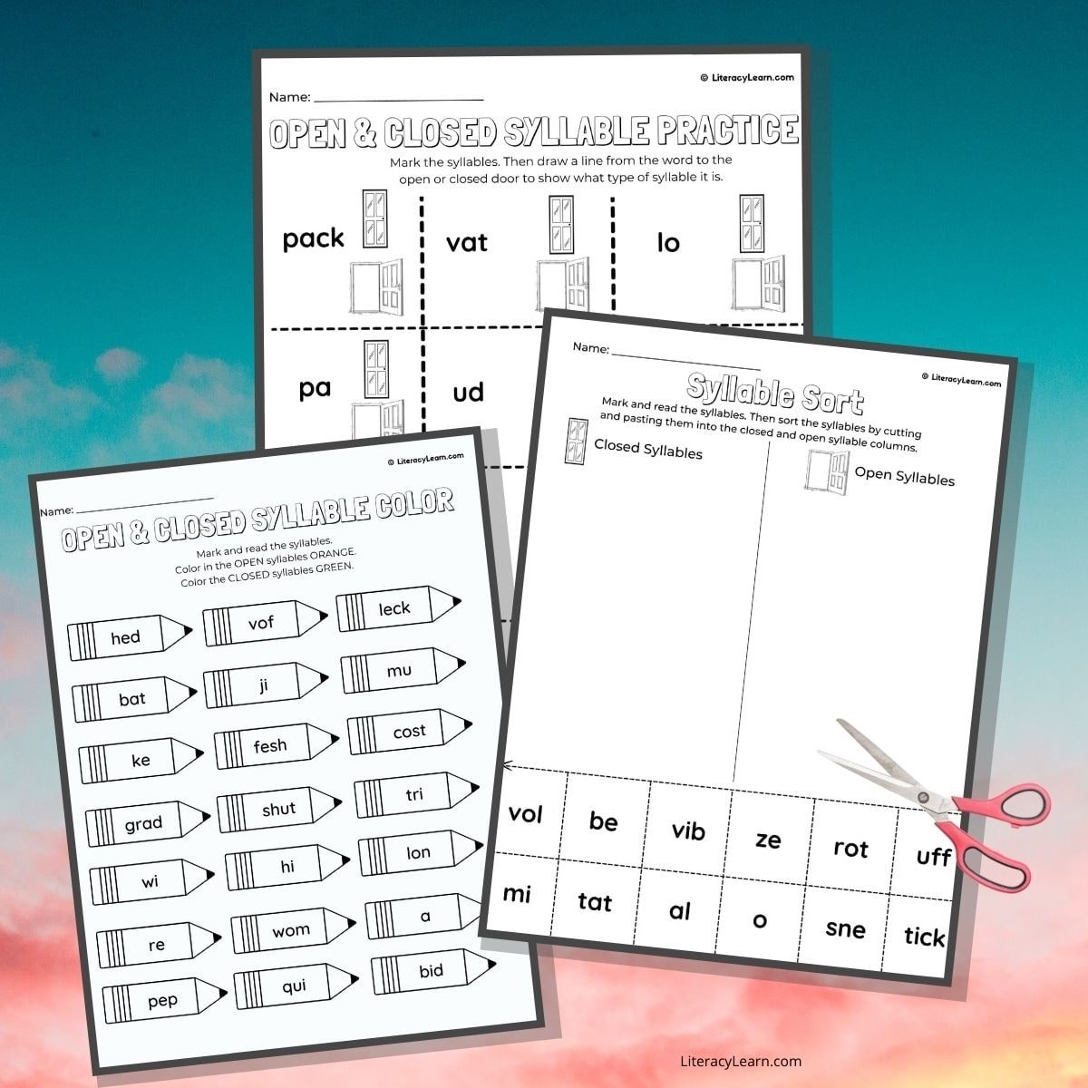 Images of three open and closed syllable worksheets with a colorful background.