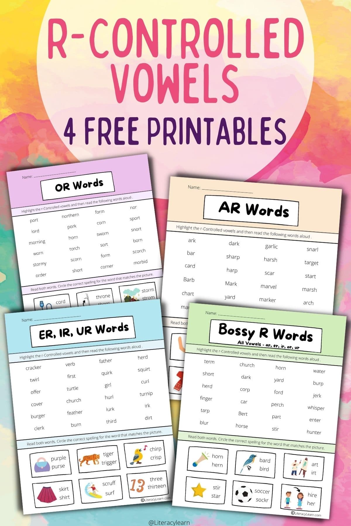 Bright background with R-Controlled Vowels text and four worksheets 