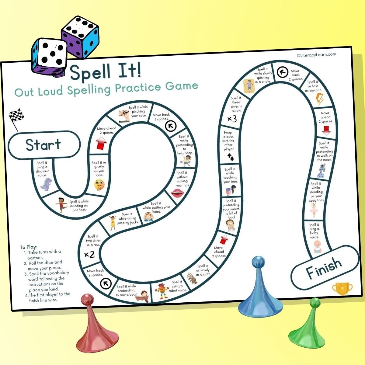 Graphic with the printable spelling practice board game on a yellow background. 