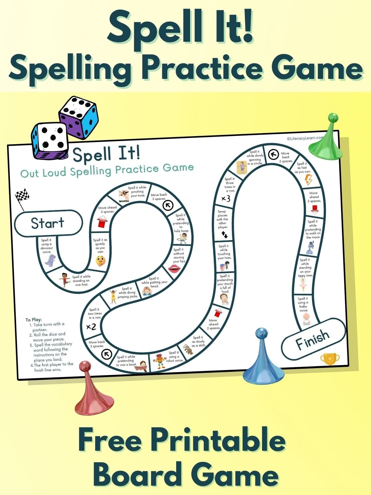 Pinterest graphic with the printable spelling practice board game on a yellow background. 