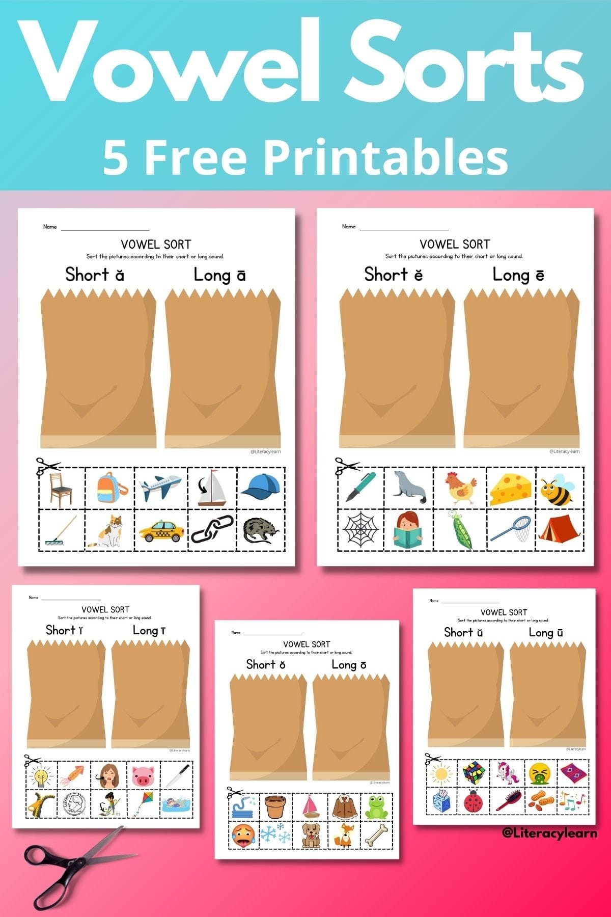 Five printables displayed on a bright pink background with large print "Vowel Sorts" words