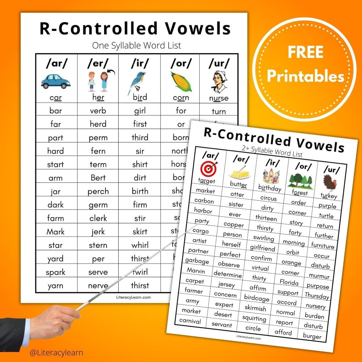 A bright orange background with two worksheets with R-controlled Vowels Words.