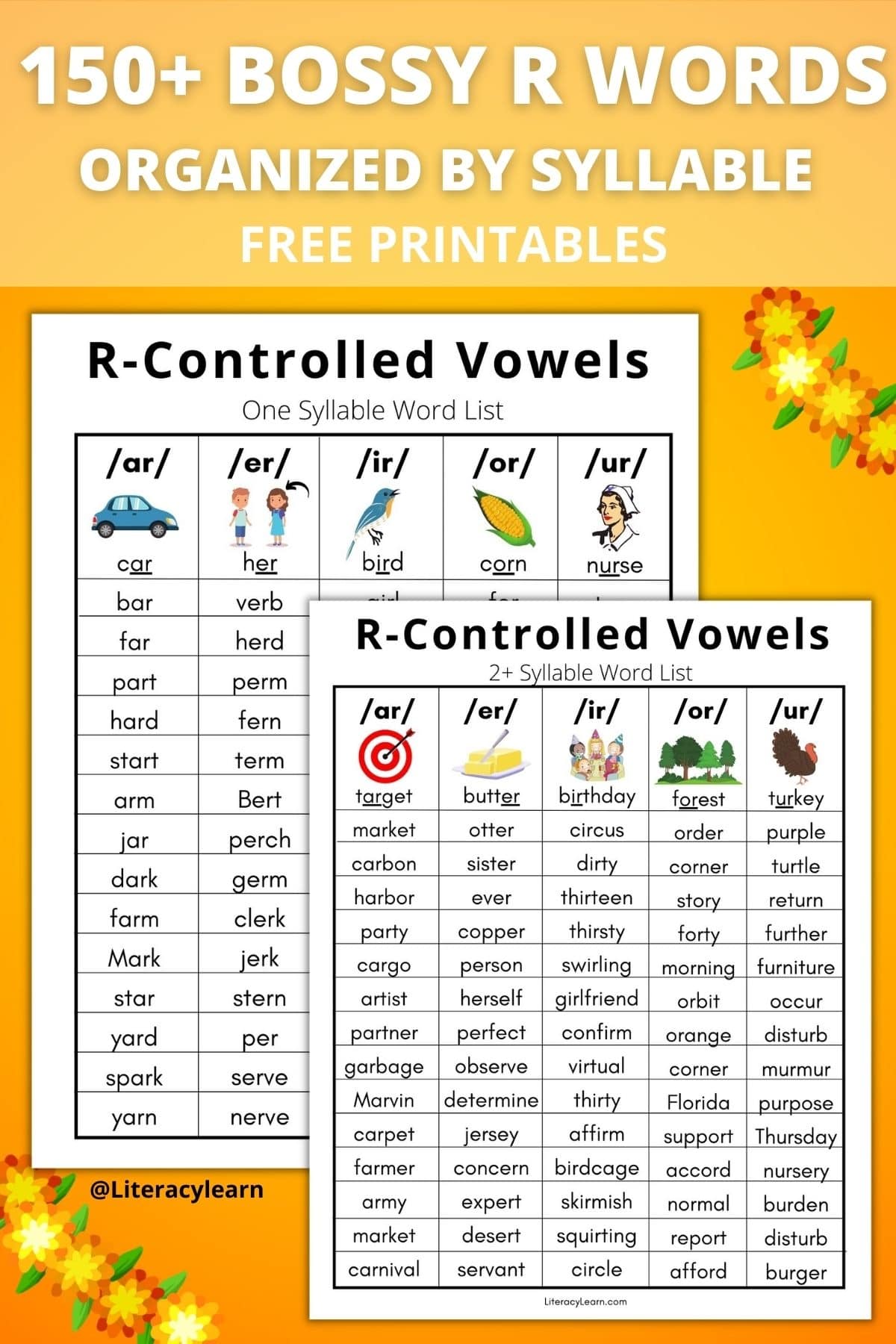 An orange Pinterest image showing 150+ Bossy R Words with two worksheets displayed.