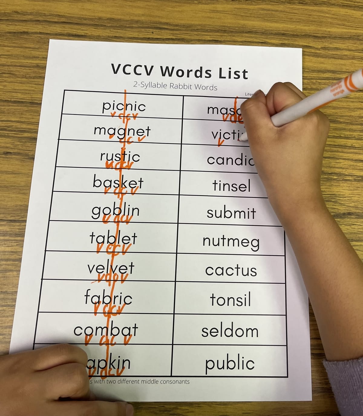 A photo of the worksheet with a student marking and dividing the syllables.