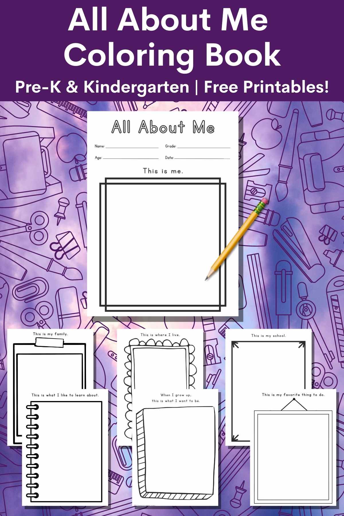 Pinterest graphic of the all about me worksheets on a colorful purple background. 