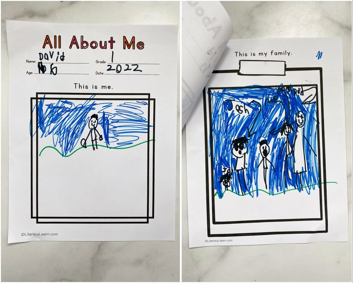 Collage of two pages of the printed preschool All About Me book with drawings. 