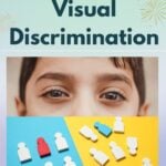 Pinterest graphic for "All About Visual Discrimination" showing a child's eyes and sorted items.