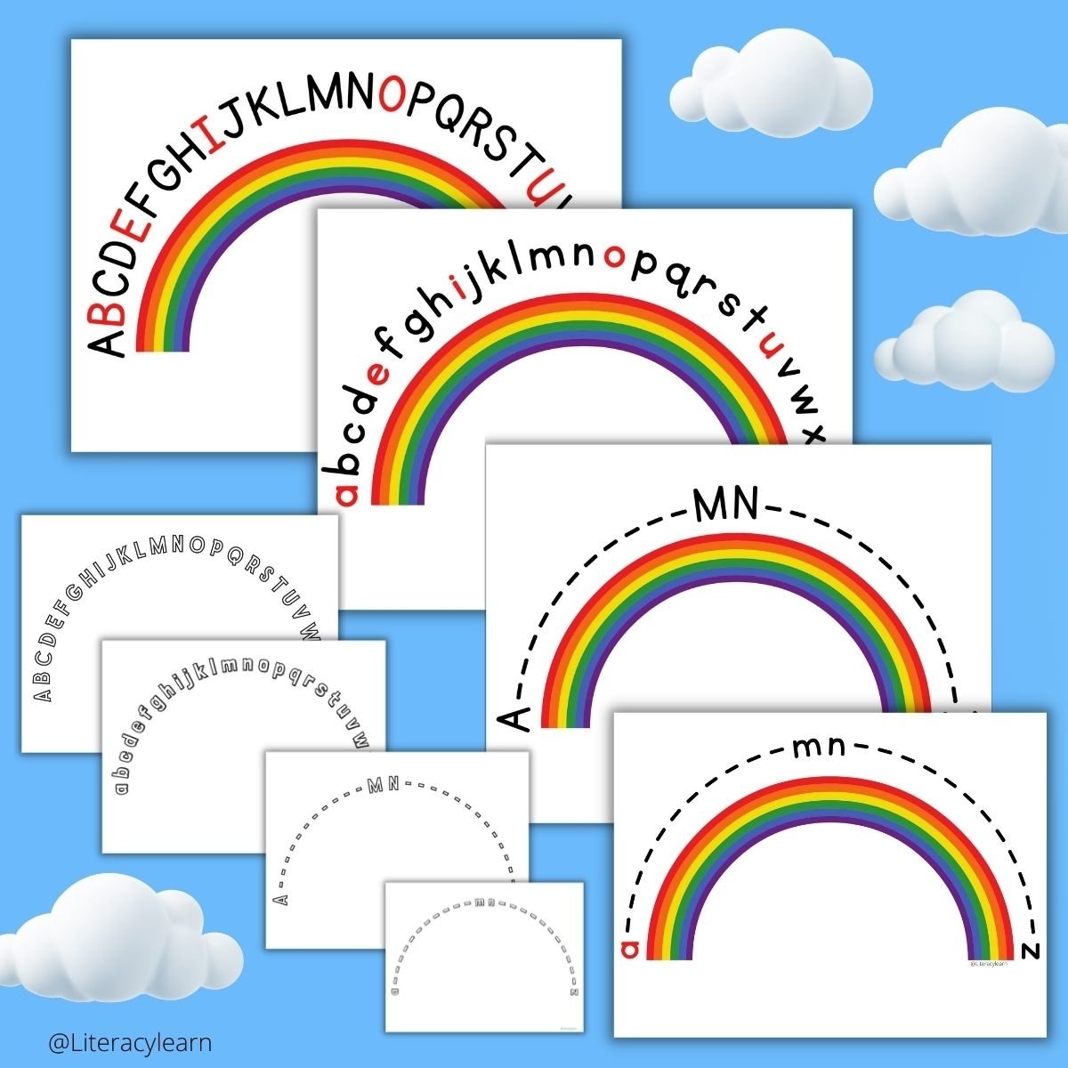 A blue sky with 8 versions of alphabet arcs and bright colored rainbows.