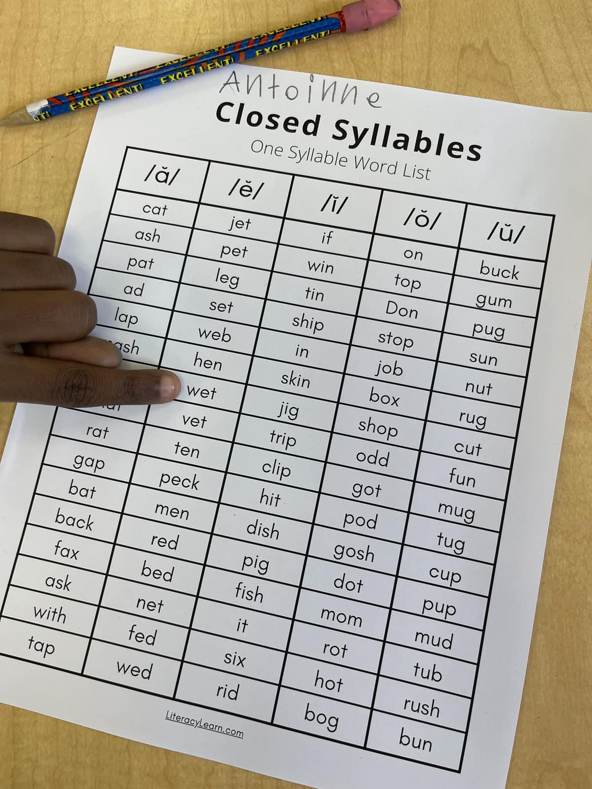 Photo of the closed syllable word list and pencil with a student pointing at words.