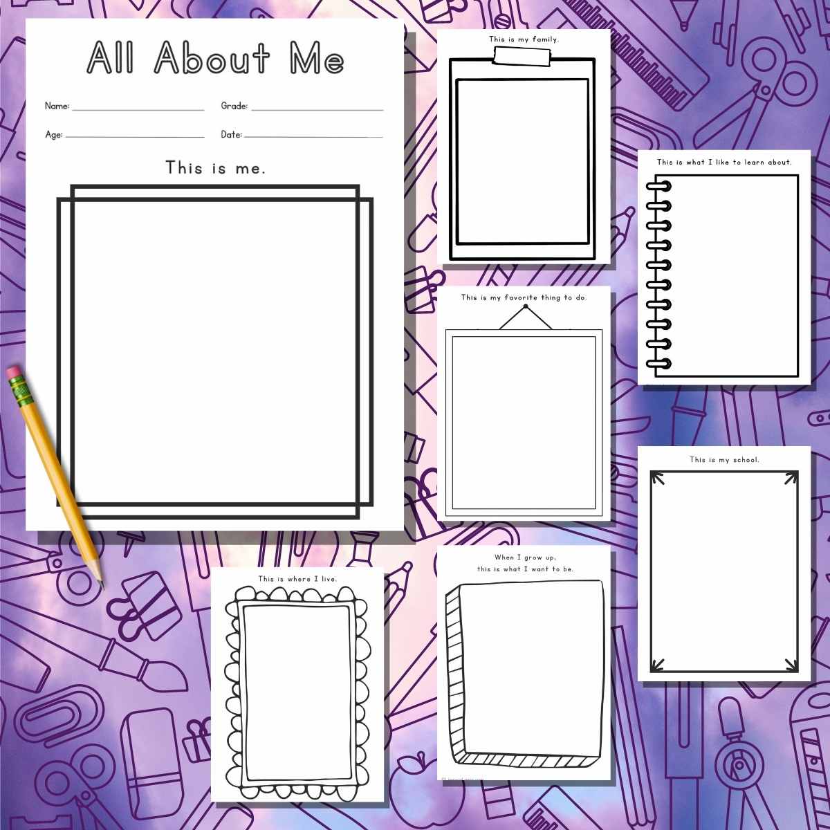 Graphic with seven printable All About Me worksheets on a purple background.