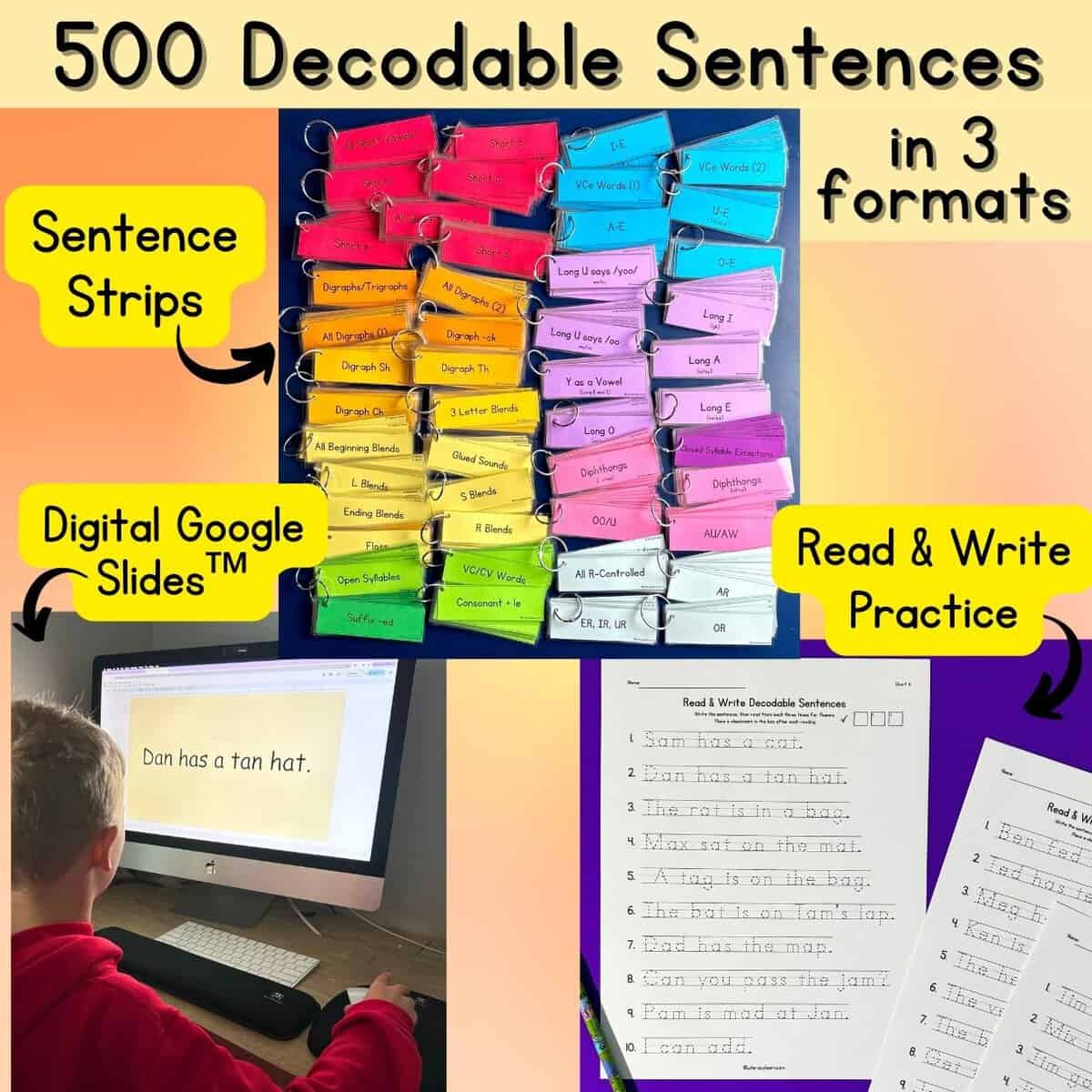 Graphic for 500 decodable sentences resource with sentence strips, slides, and worksheets.