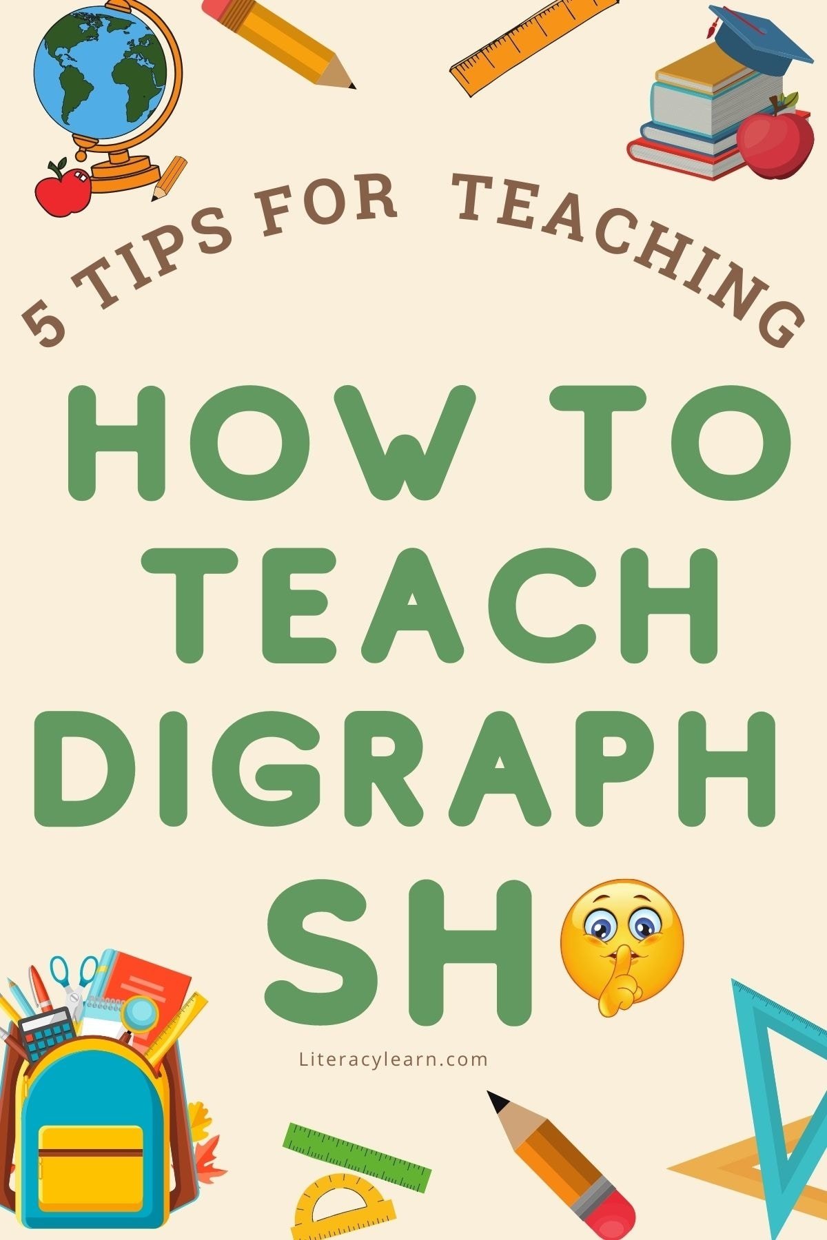 Graphic with words "How To Teach Digraph SH" with images of school items.