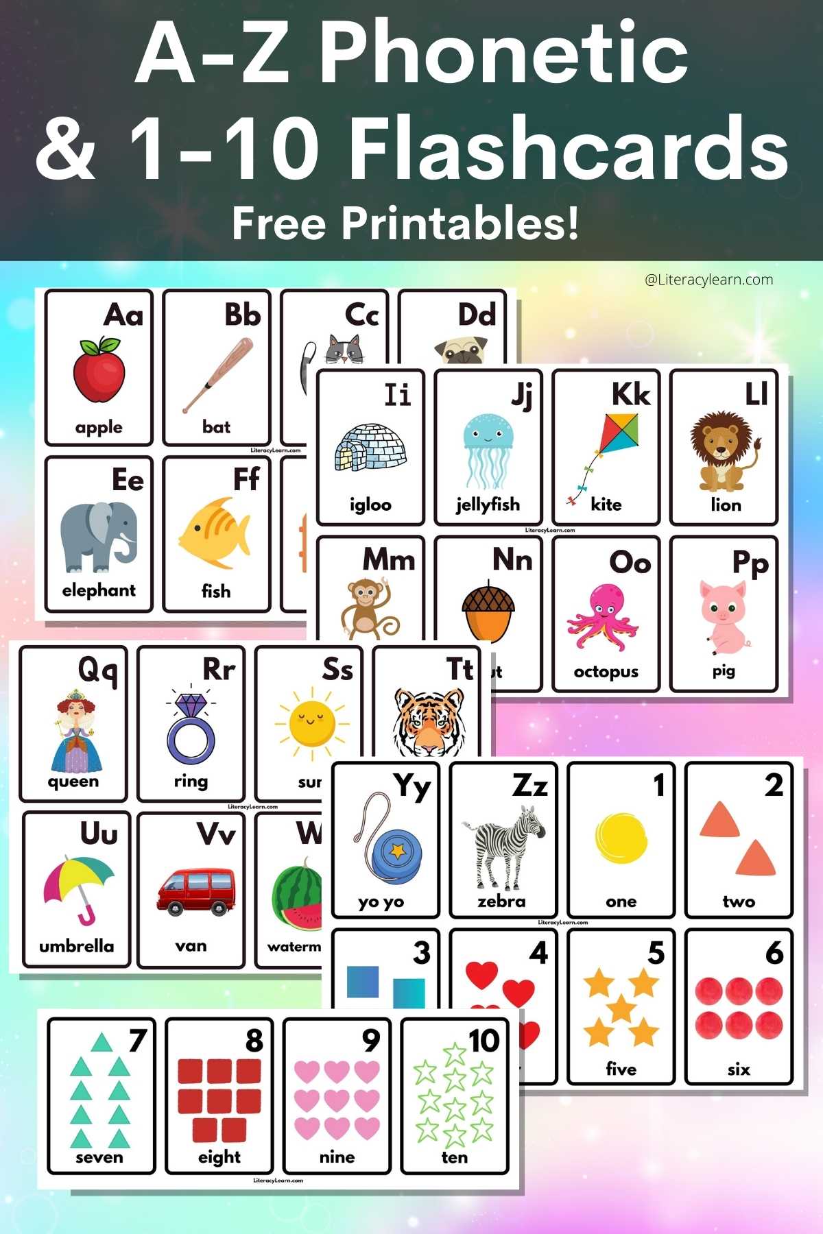 Colorful graphic of the printed flashcards with the words "A-Z Phonetic and 1-10 Flashcards."