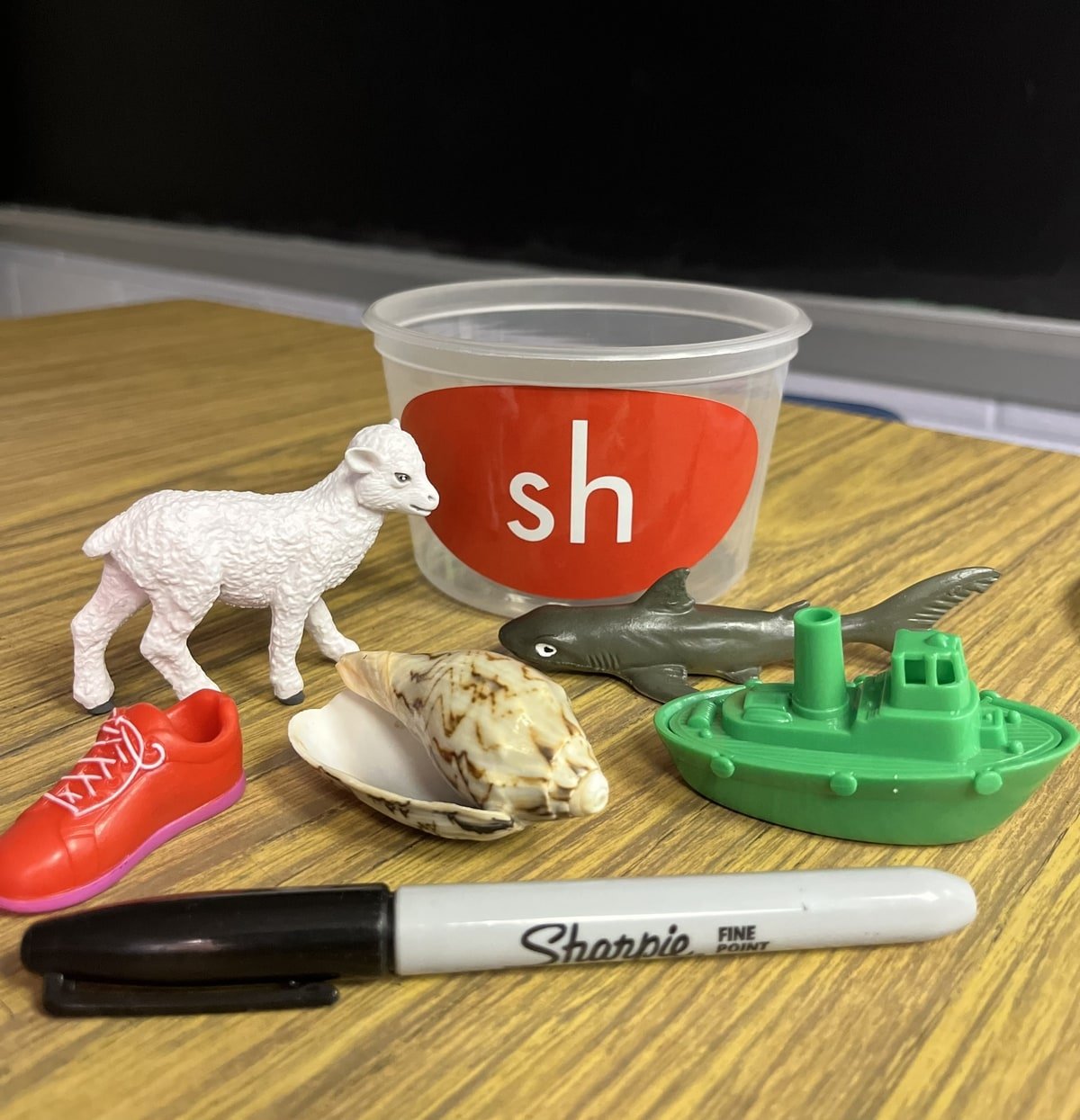 Photograph with toys that begin with sh like sheep, shark, ship, shell, shoe, sharpie.