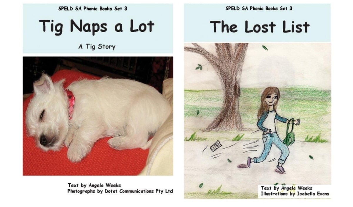 Two cover photos of decodable books from SPELD-SA 
