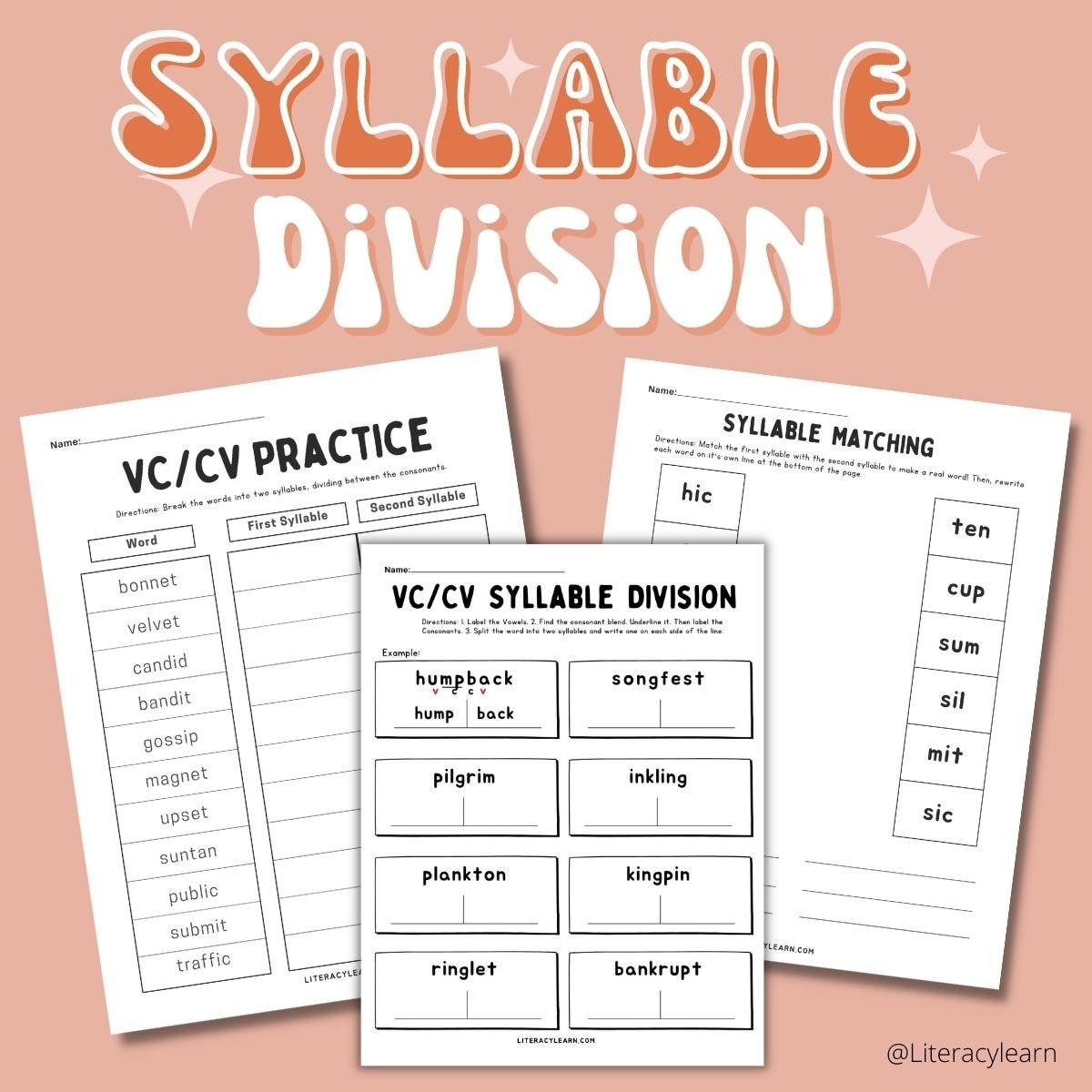 Three worksheets on a pink background with "Syllable Division" in bubble letters.