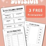 Graphic with 3 syllable division worksheets.