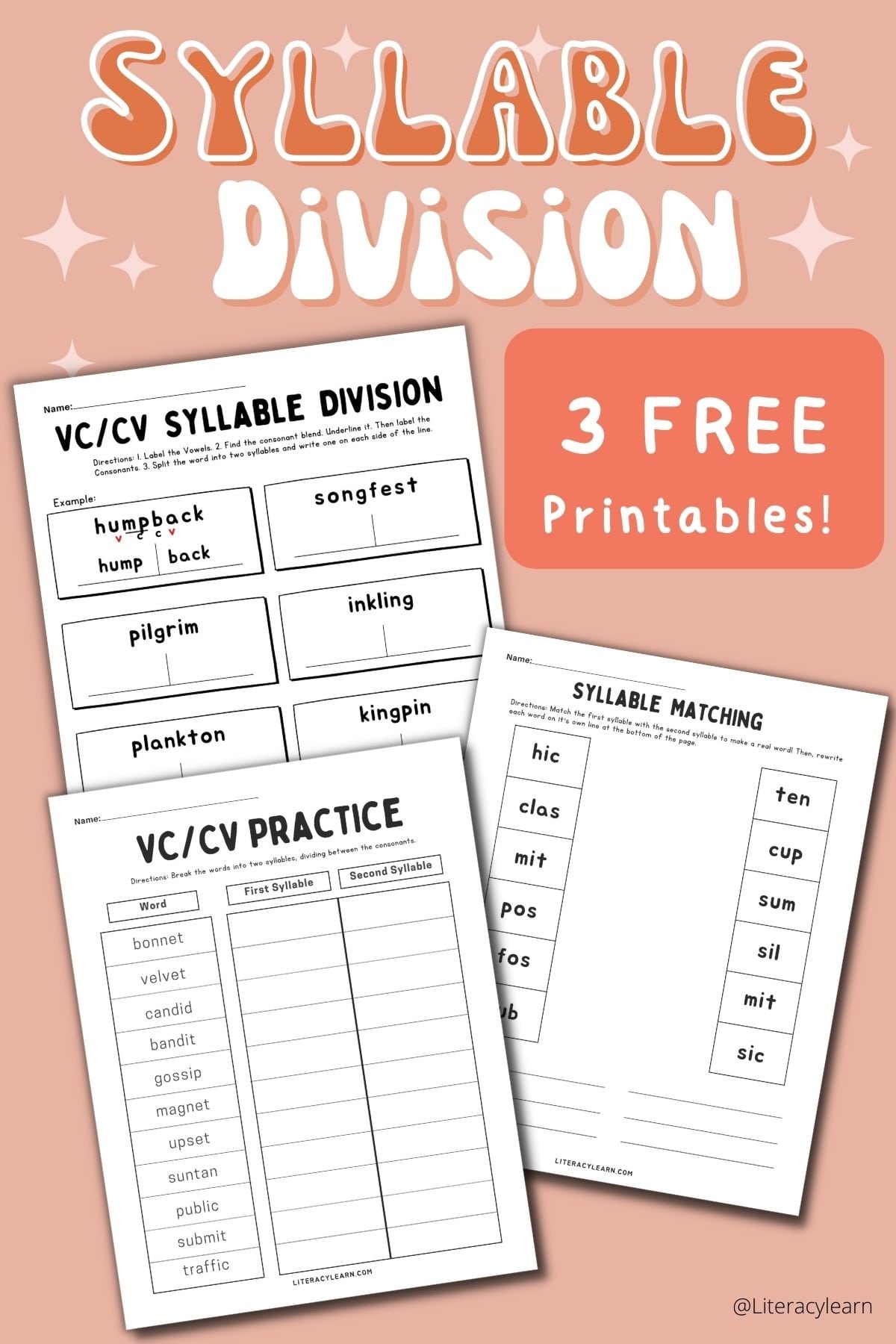 Pinterest image with worksheets on a pink background with "Syllable Division" on top.