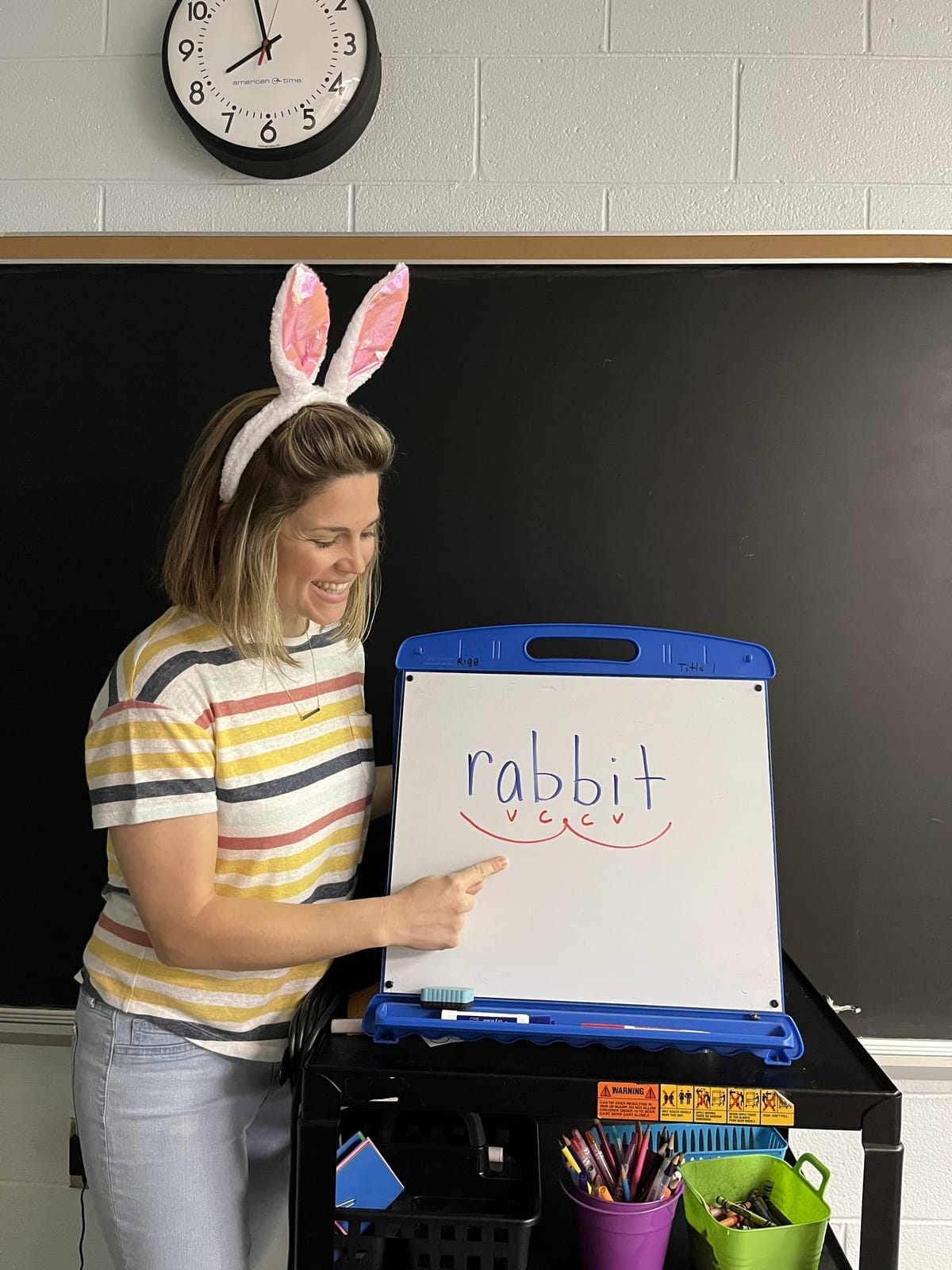 A photograph of teacher pointing to the marked word 'rabbit' with vowels and consonants labeled.