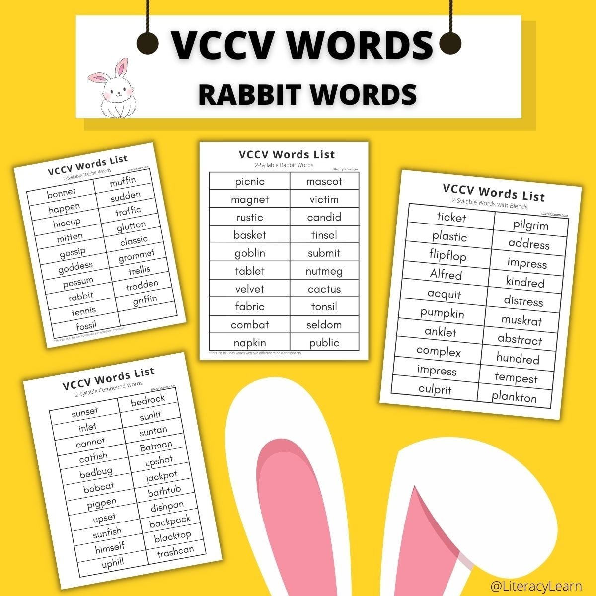 Yellow background with four VCCV word list worksheets and rabbit ears (rabbit words).
