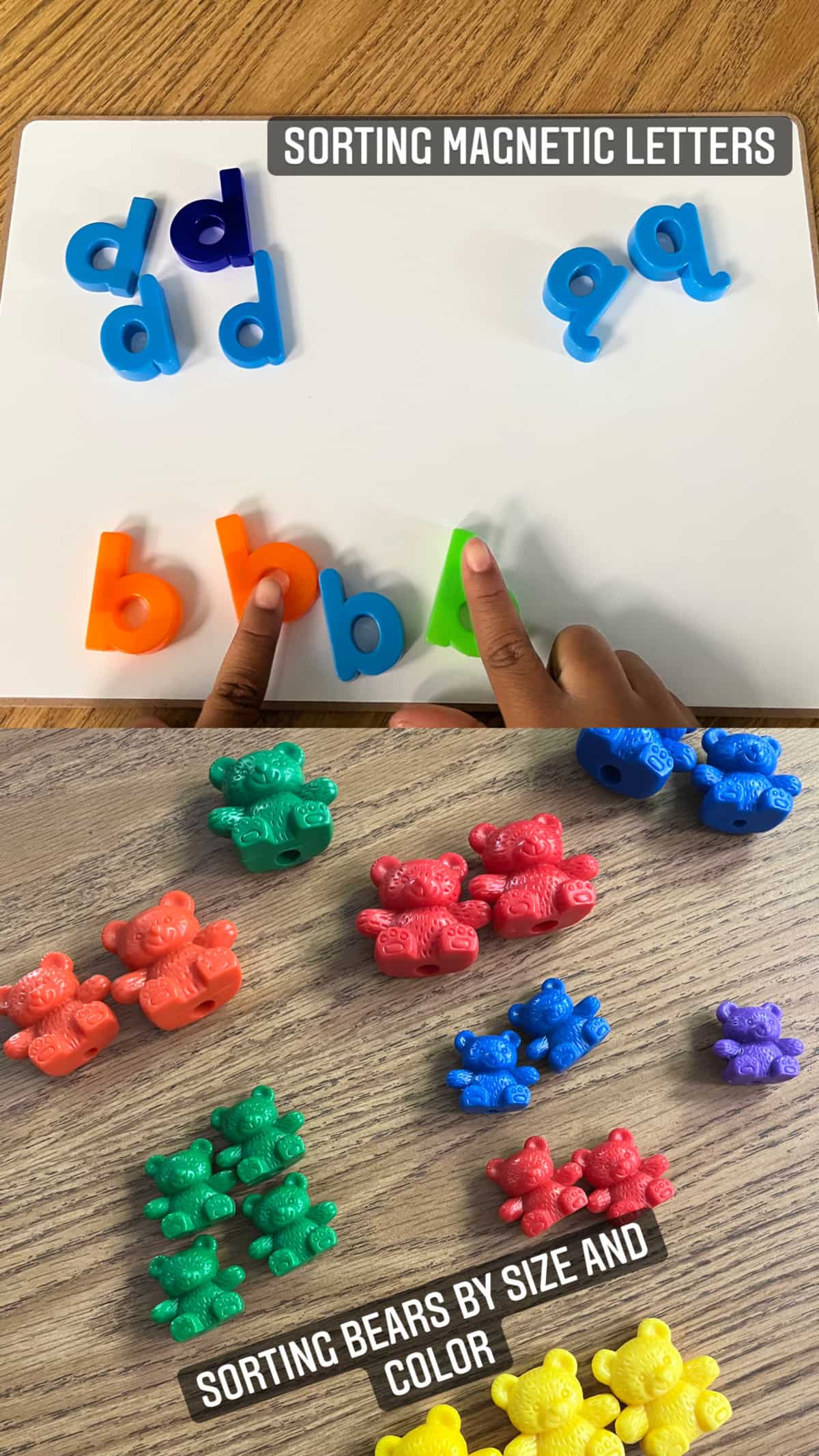 Collage of images showing magnetic letters and colored bears sorted into categories.